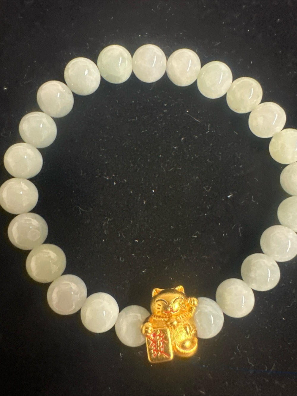 Jade Gold tone Cat Charm Jade Bead Stretch Bracelet - White Jade
